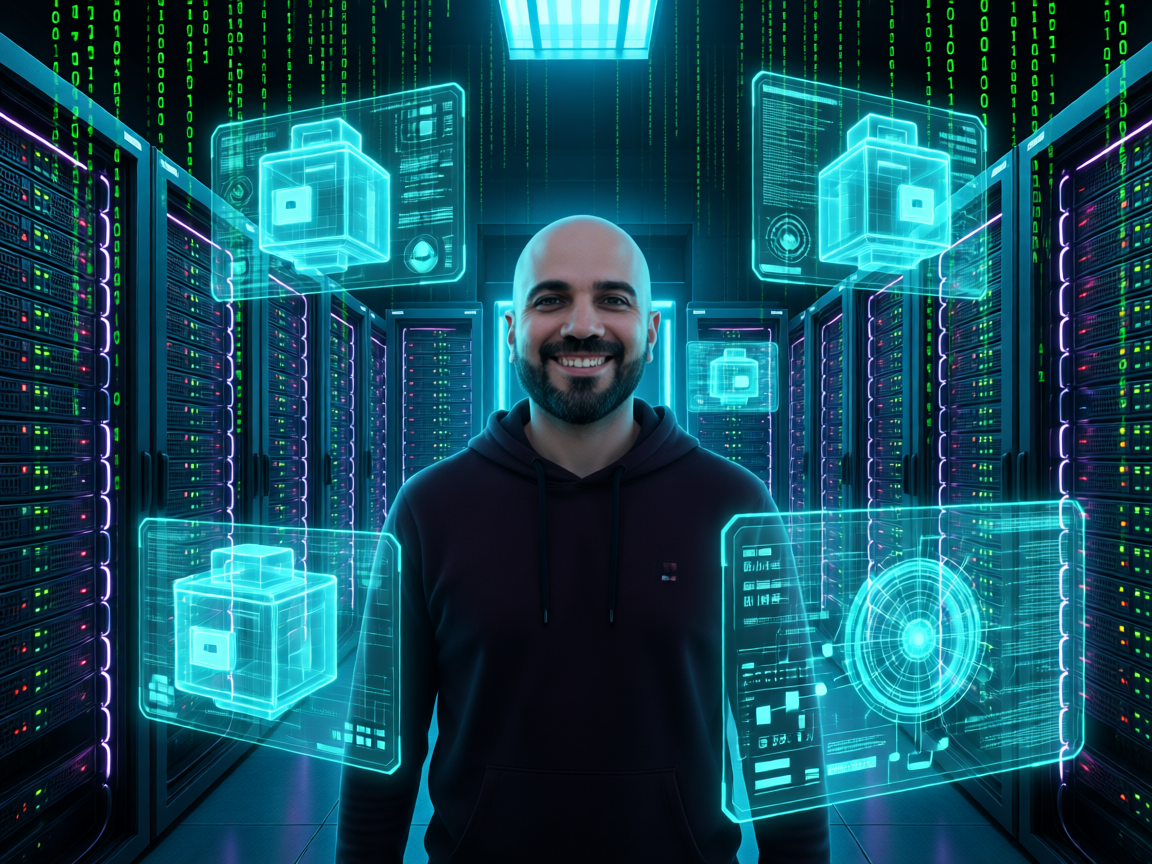 Anas in a cyberpunk home server room surrounded by holographic Docker containers and matrix code