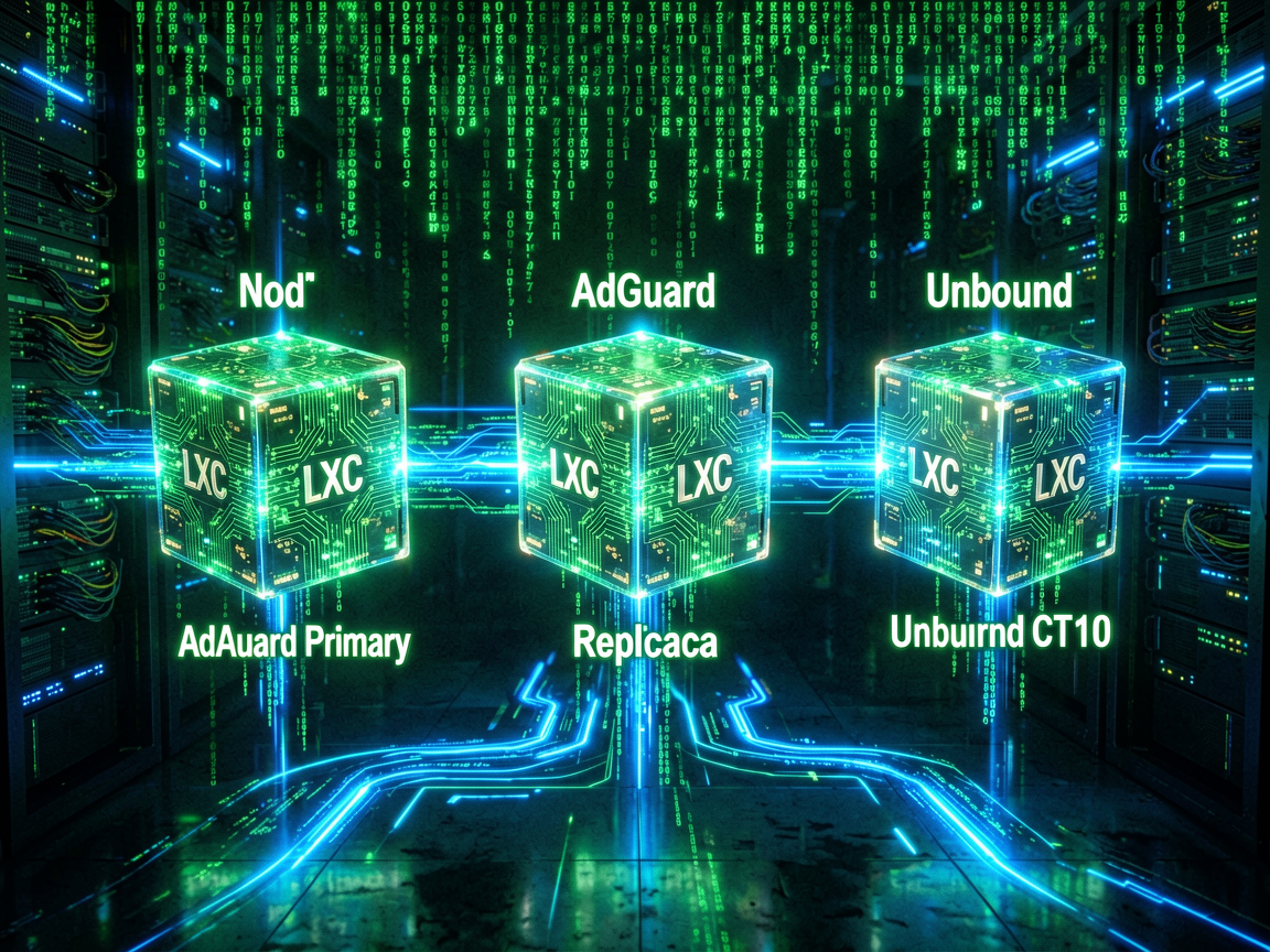 Three glowing LXC container nodes: AdGuard Primary, AdGuard Replica, and Unbound CT110 connected by neon streams