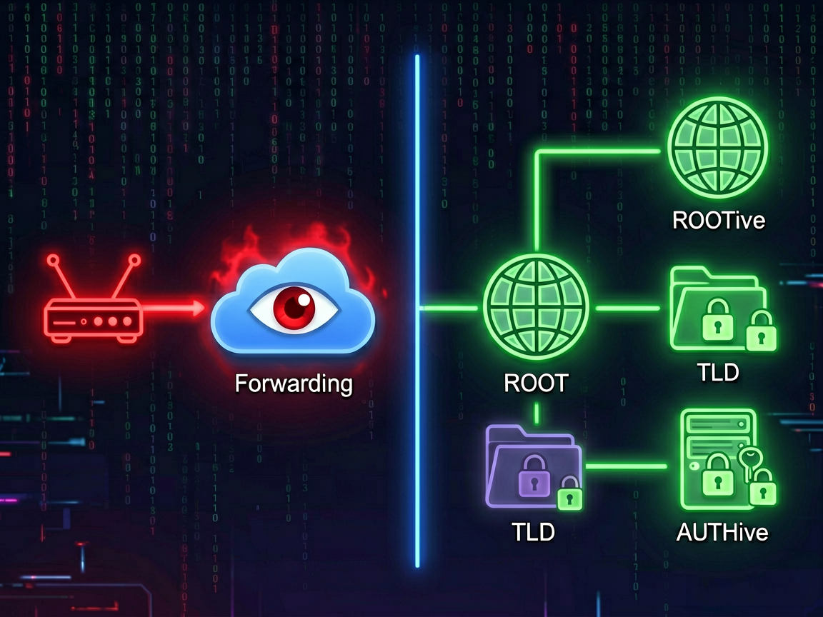 Split-screen cyberpunk visualization: forwarding DNS queries through a proxy vs recursive resolution branching to root servers