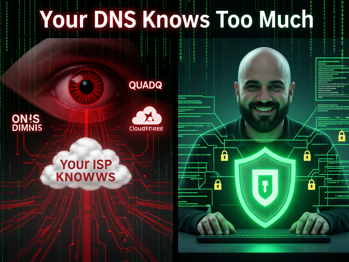 Anas at a cyberpunk network operations center with holographic DNS query trees and matrix code