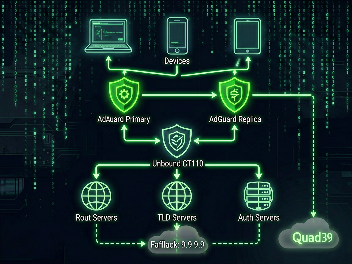 Cyberpunk DNS pipeline: devices feeding into dual AdGuard nodes, routing through Unbound, branching to root and authoritative servers