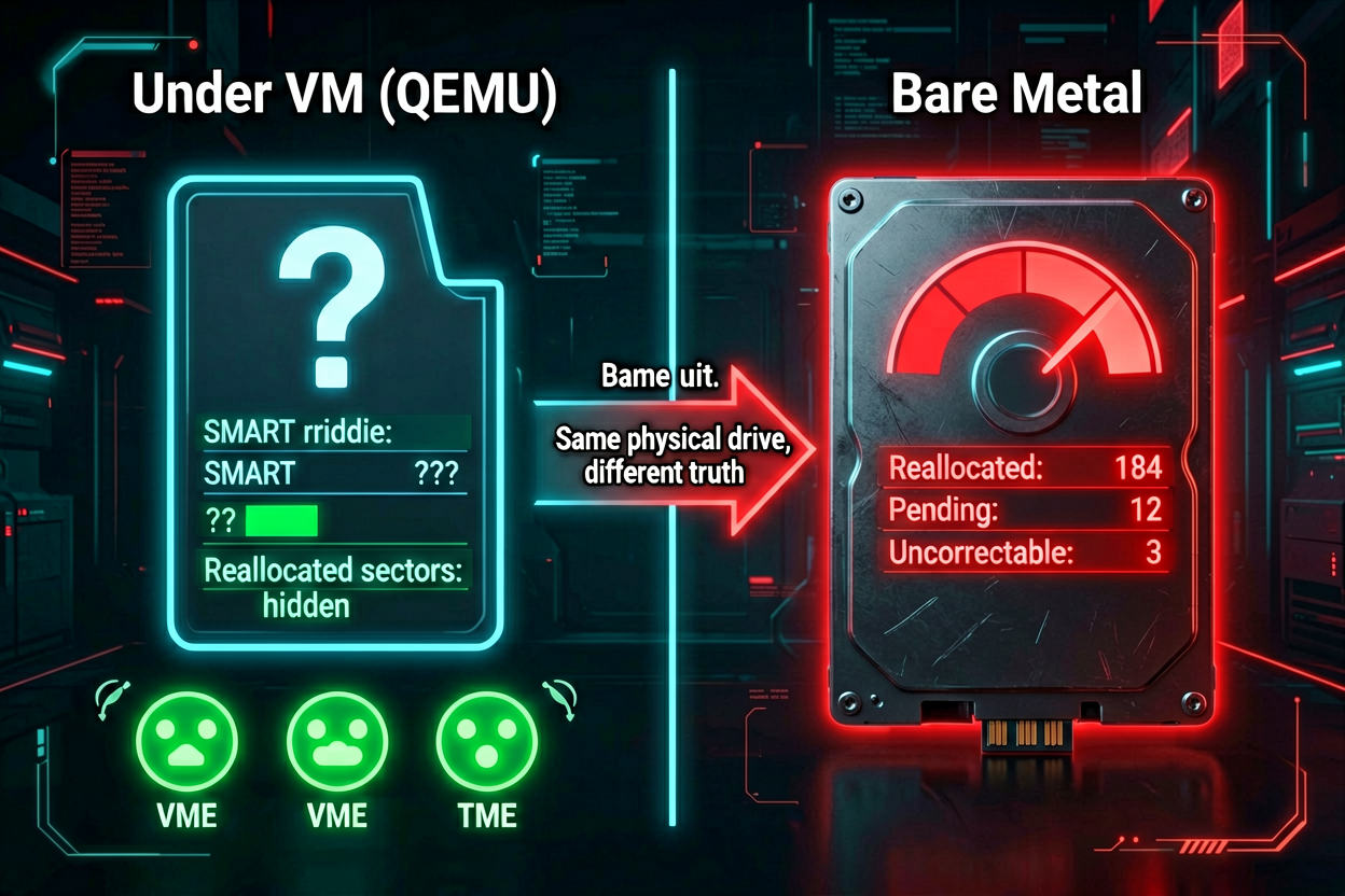 Split diagram: QEMU hiding SMART errors on the left vs bare metal exposing reallocated sectors and failing health on the right