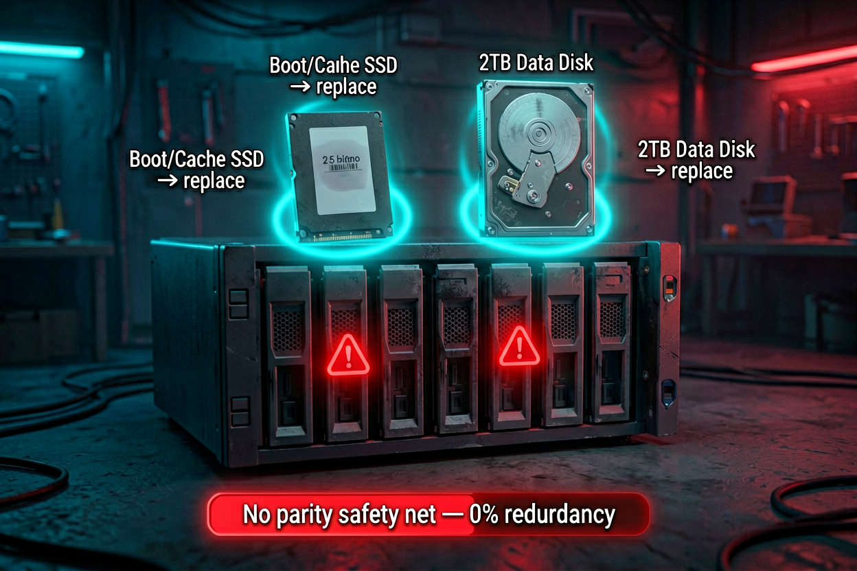 QNAP DAS enclosure with two bays glowing red, two replacement drives hovering above with no parity safety net warning