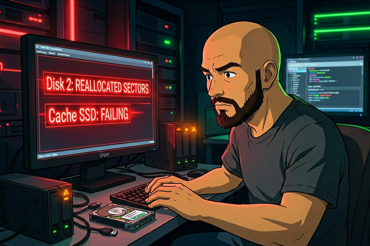 Bald bearded man staring calmly at two red SMART failure warnings on dual monitors in a dark server room