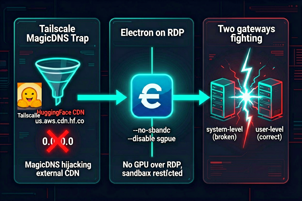 Three-panel cyberpunk diagram showing the three gotchas: Tailscale MagicDNS blocking HuggingFace CDN, Electron crashing on RDP, and two conflicting gateway services