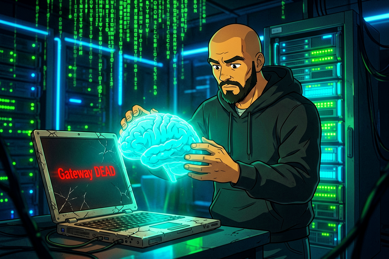 Anime illustration of a bald bearded man lifting a glowing cyan brain out of a cracked laptop and placing it into a Proxmox server rack