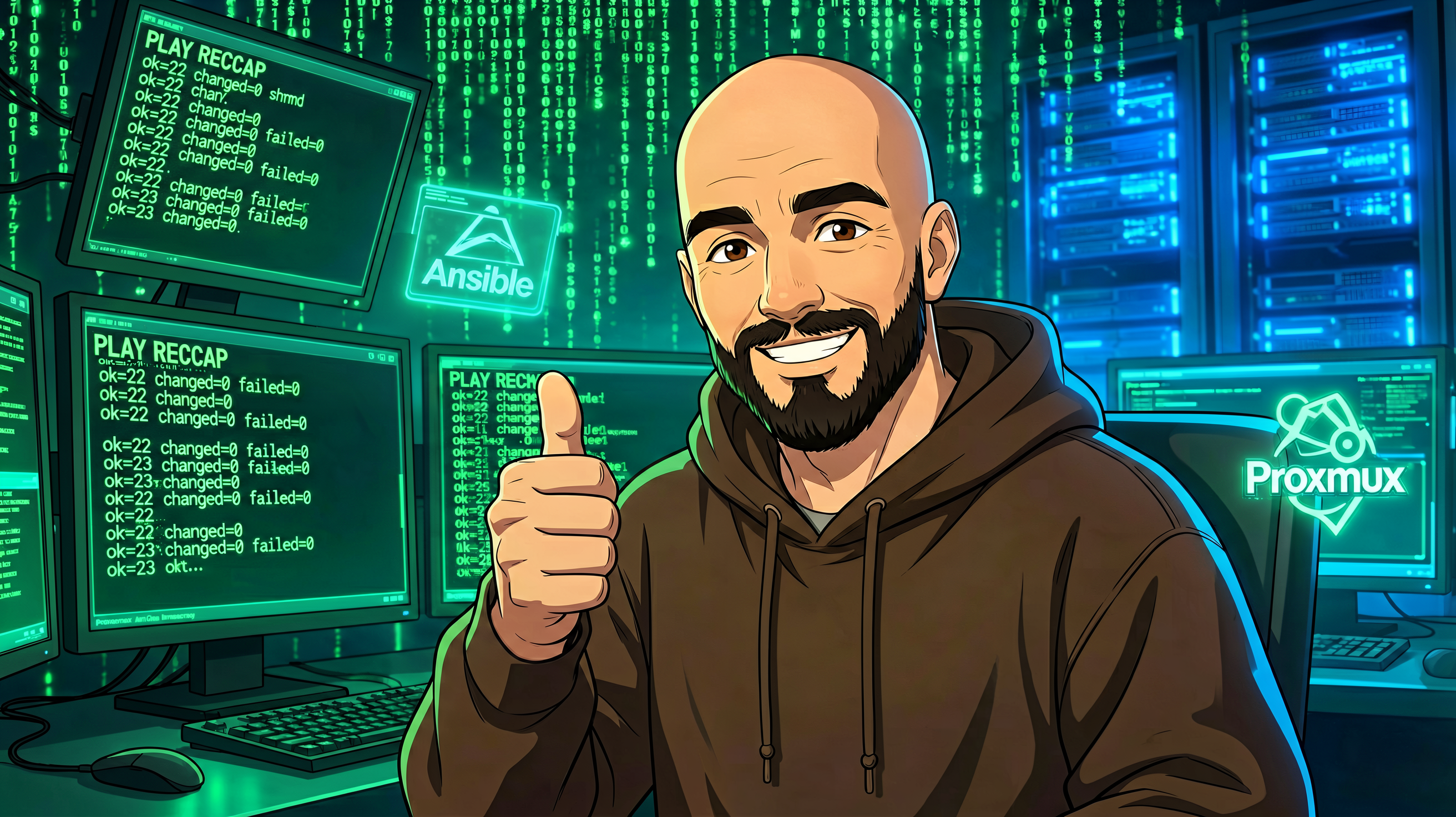 Anas at a cyberpunk command center with Ansible PLAY RECAP output on monitors, green matrix code rain