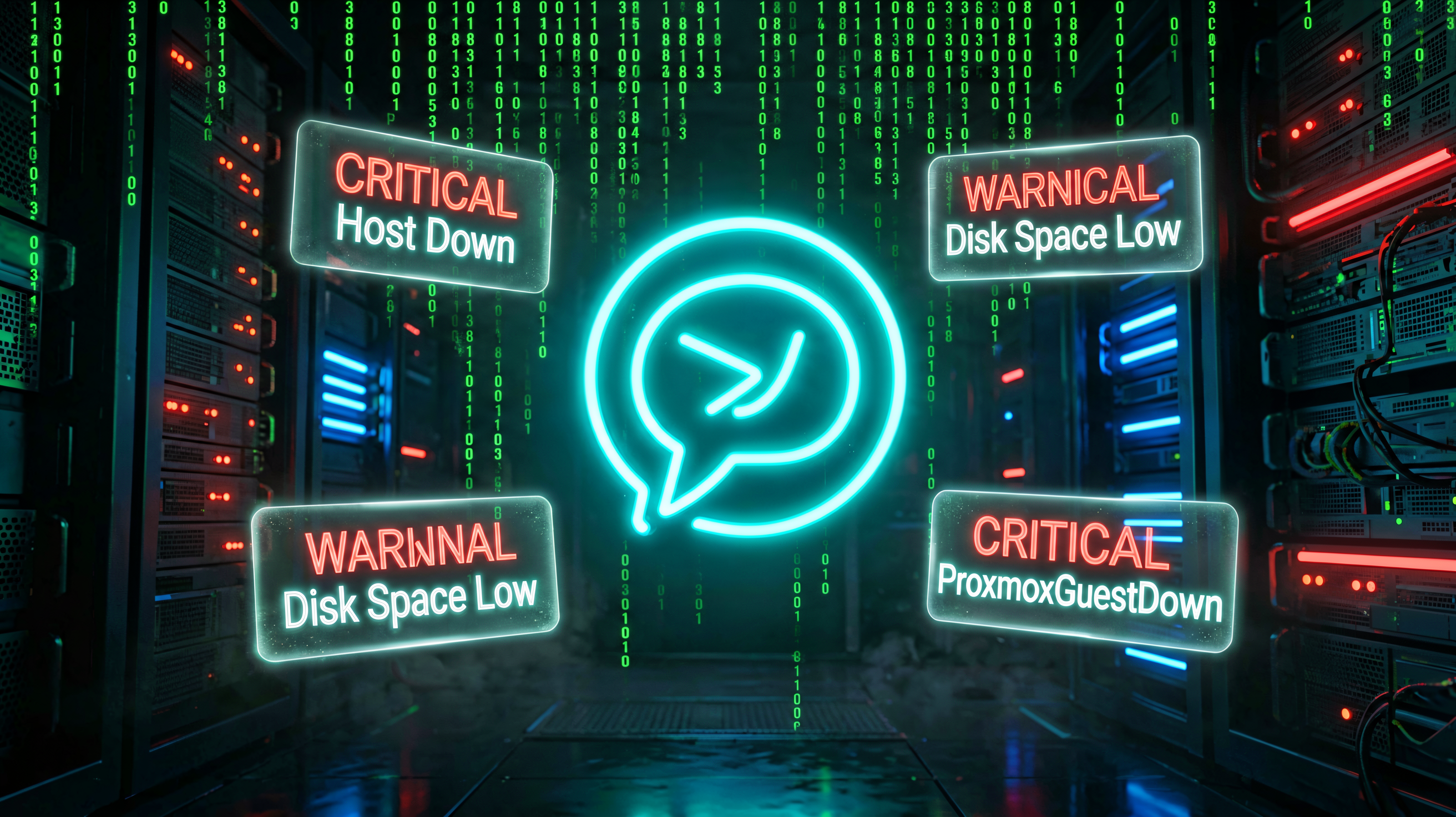Neon Telegram notification icon surrounded by floating alert cards in a cyberpunk server environment