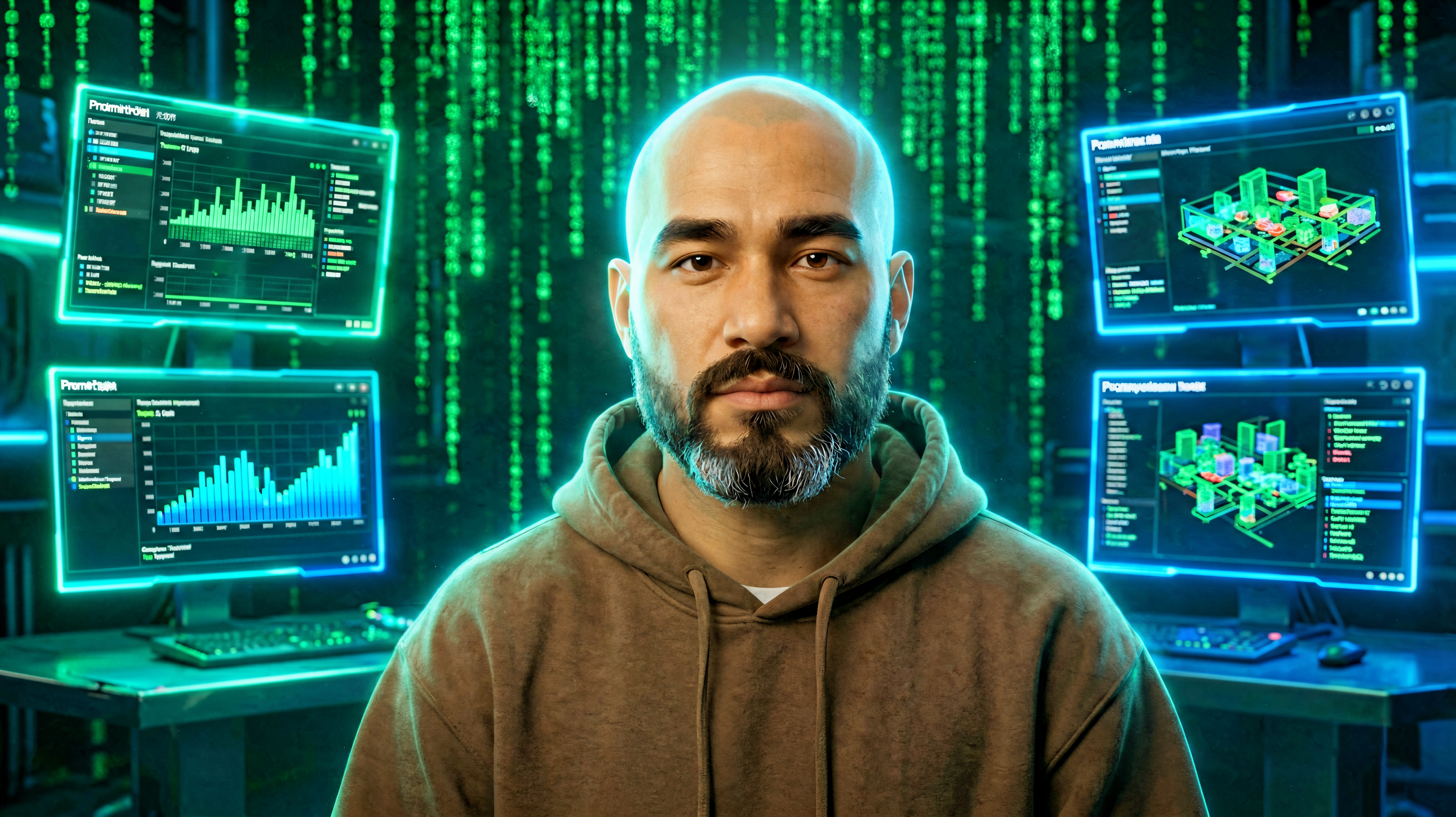 Anas at a cyberpunk monitoring command center with Grafana and Prometheus dashboards