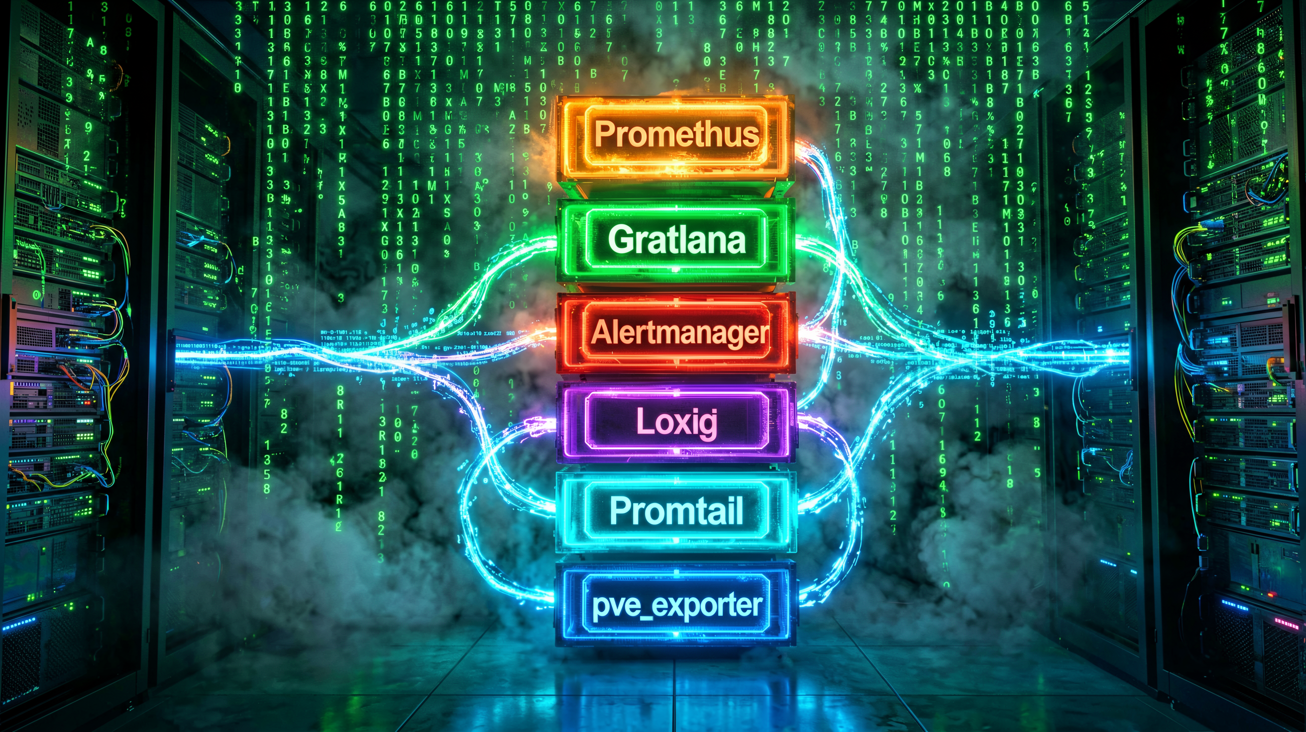 Six glowing Docker containers — Prometheus, Grafana, Alertmanager, Loki, Promtail, pve_exporter — connected by neon data streams in a cyberpunk server room