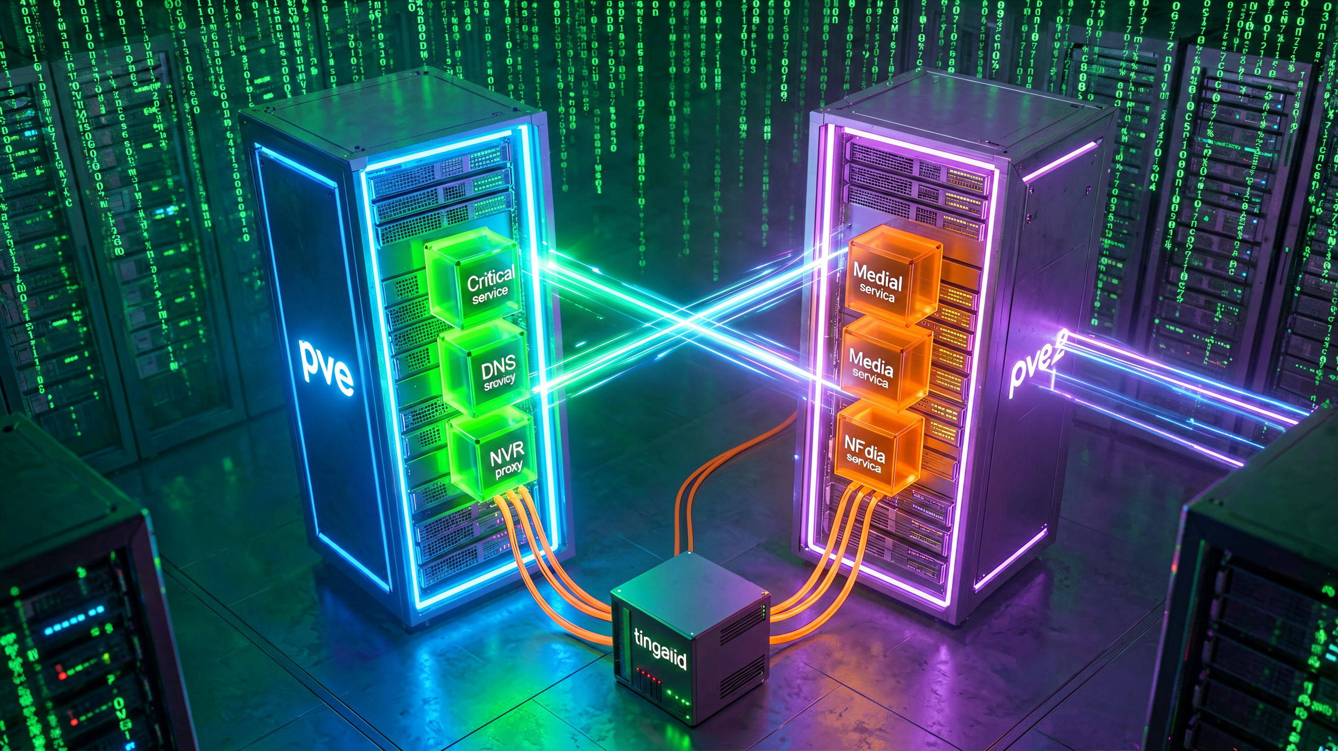 Two cyberpunk server racks — pve (blue) and pve2 (purple) — with replication beams connecting containers, and Unraid NAS below with NFS cables to media containers
