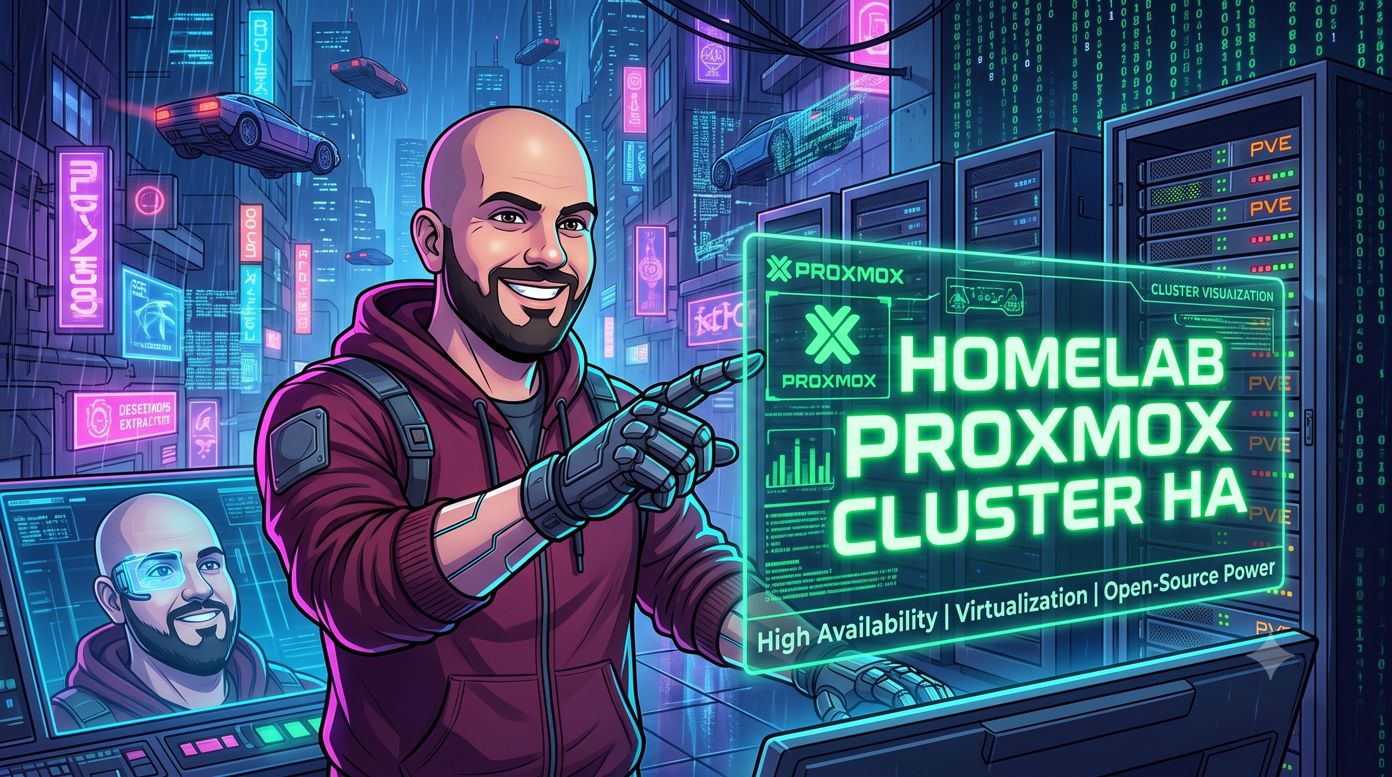 Cyberpunk illustration of Anas at a holographic command station with two Proxmox nodes connected by ZFS replication streams
