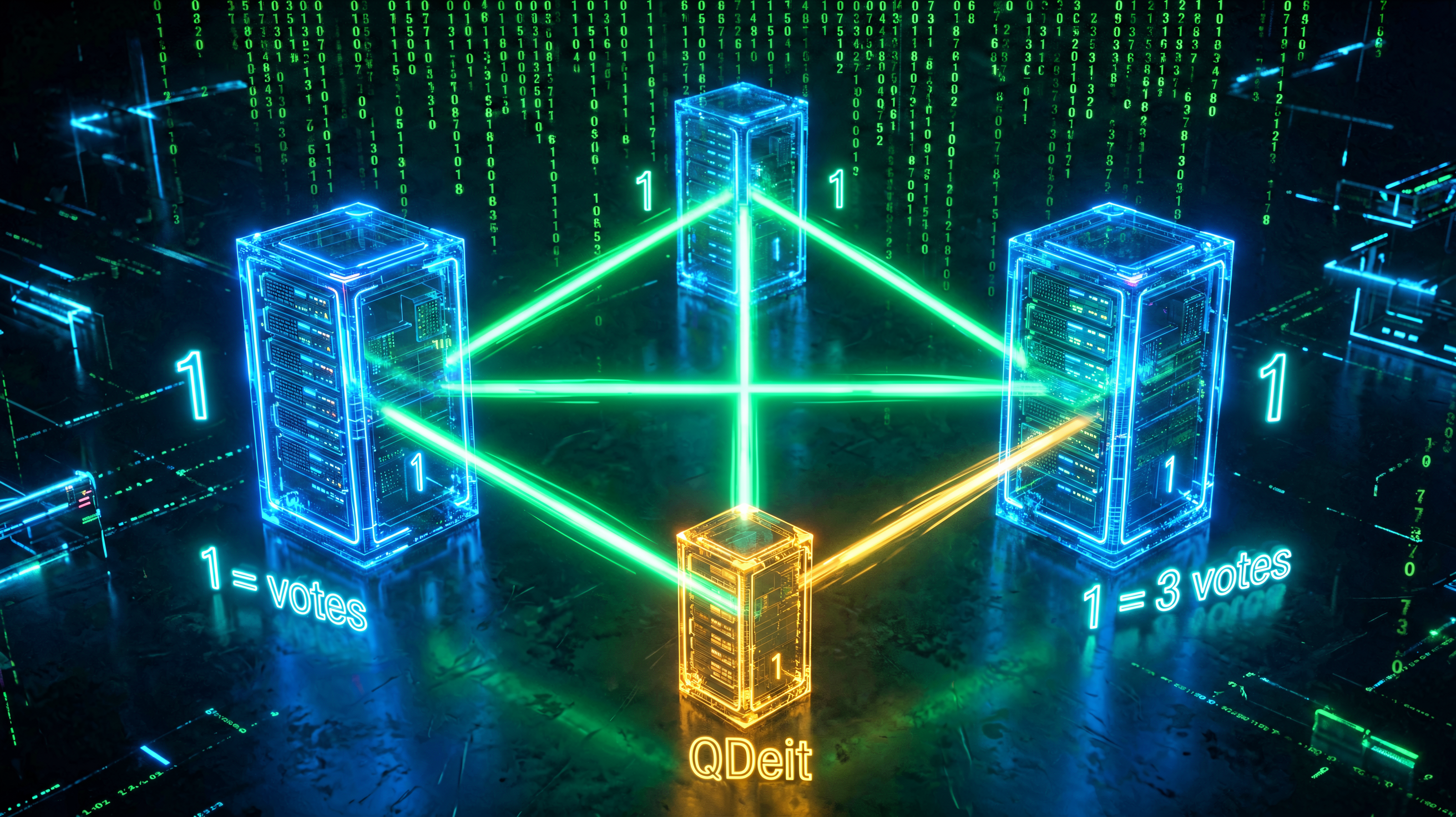 Three holographic nodes in a triangle — pve, pve2, and QDevice — connected by glowing neon voting beams