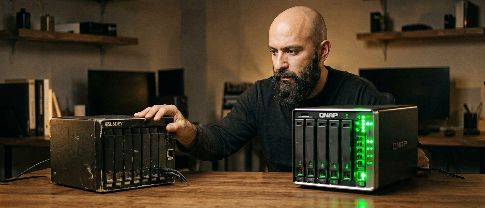 Bald bearded man at a homelab desk transitioning from a Synology NAS to a QNAP DAS enclosure